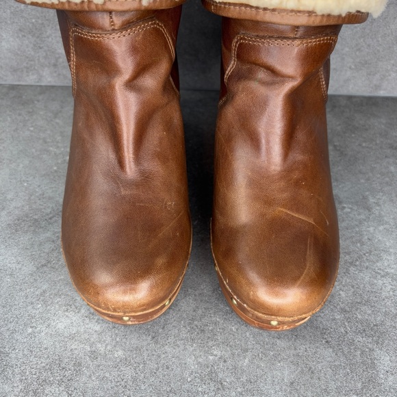 UGG 1958 Lynnea Leather Studded Foldover Clog Boot Shearling Cuff, Brown, Size 6 - Picture 3 of 11